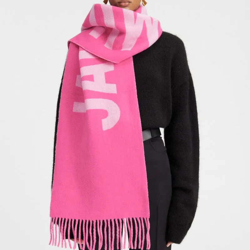 2024 New Wool Letter Jacquard Logo Fringe Unisex Warm Scarf