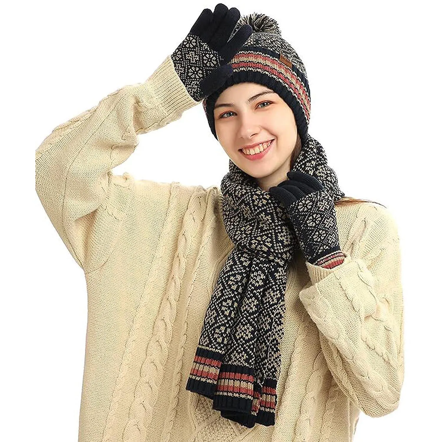 3-in-1 Soft Warm Thick Cable Knitted Beanie Hat Scarf and Gloves Winter Set