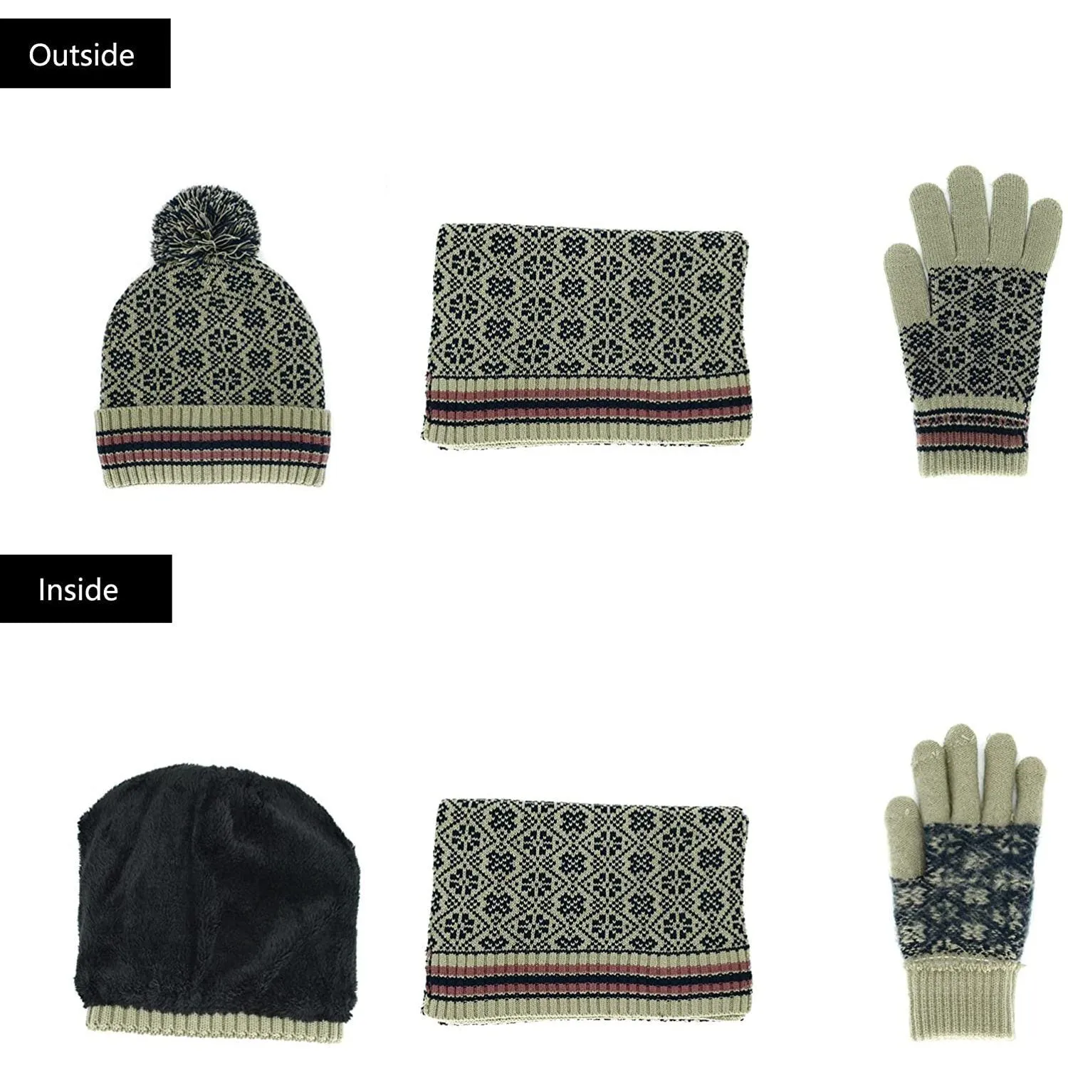 3-in-1 Soft Warm Thick Cable Knitted Beanie Hat Scarf and Gloves Winter Set