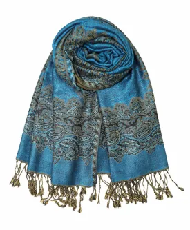 Achillea Turquoise Border Pashmina Shawl Wrap Scarf