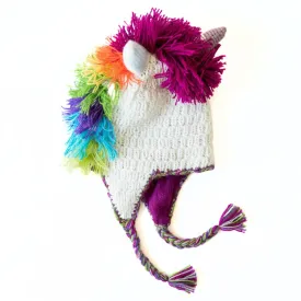 Adult Hand-knit Animal Face Hat - Bright Unicorn