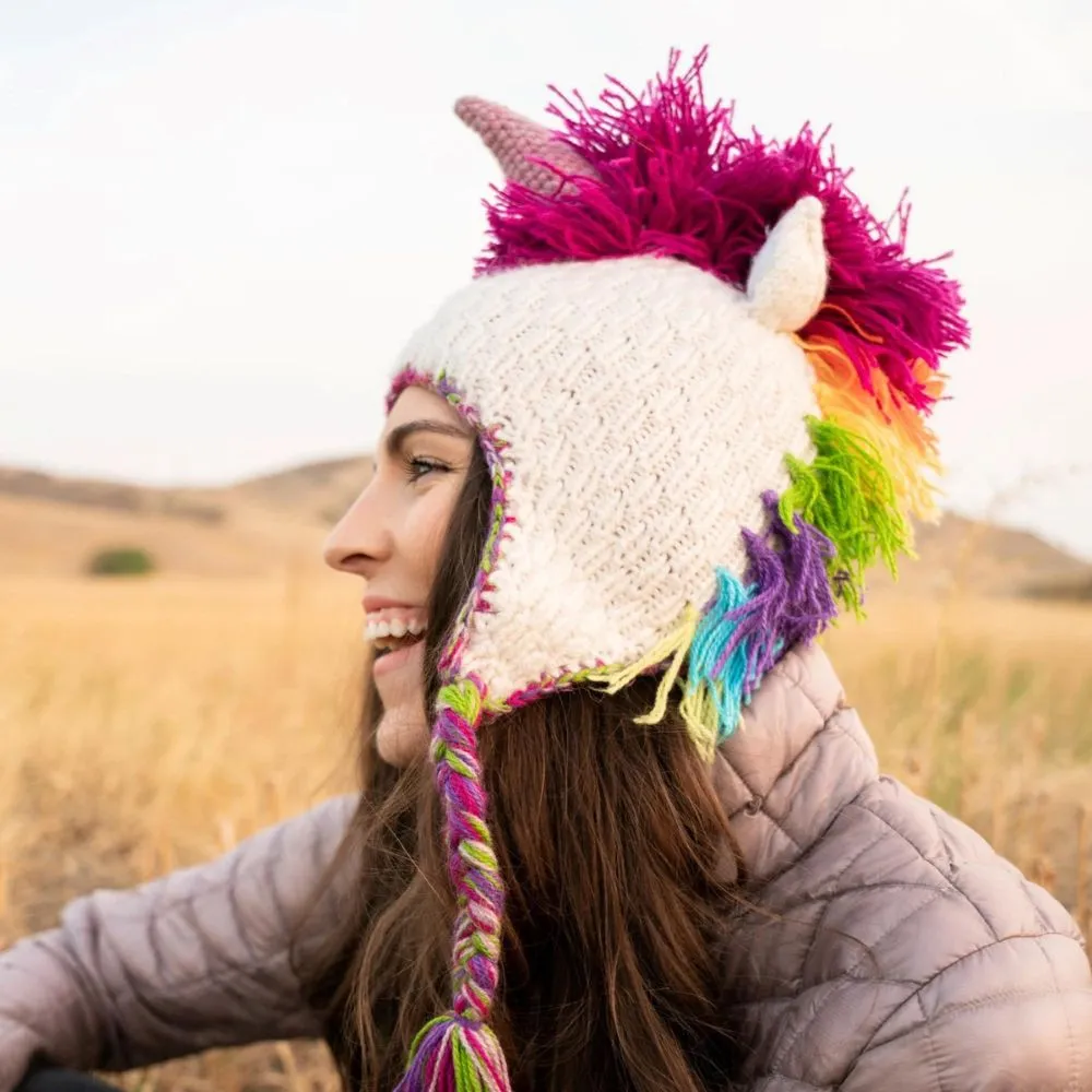 Adult Hand-knit Animal Face Hat - Bright Unicorn