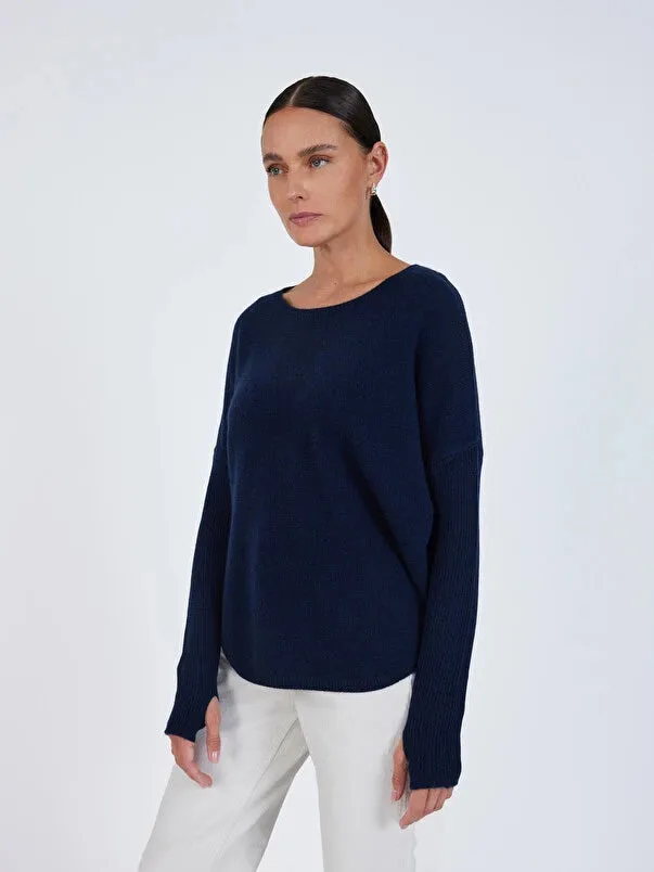 Arya Navy Cashmere Round Neck Poncho Jumper