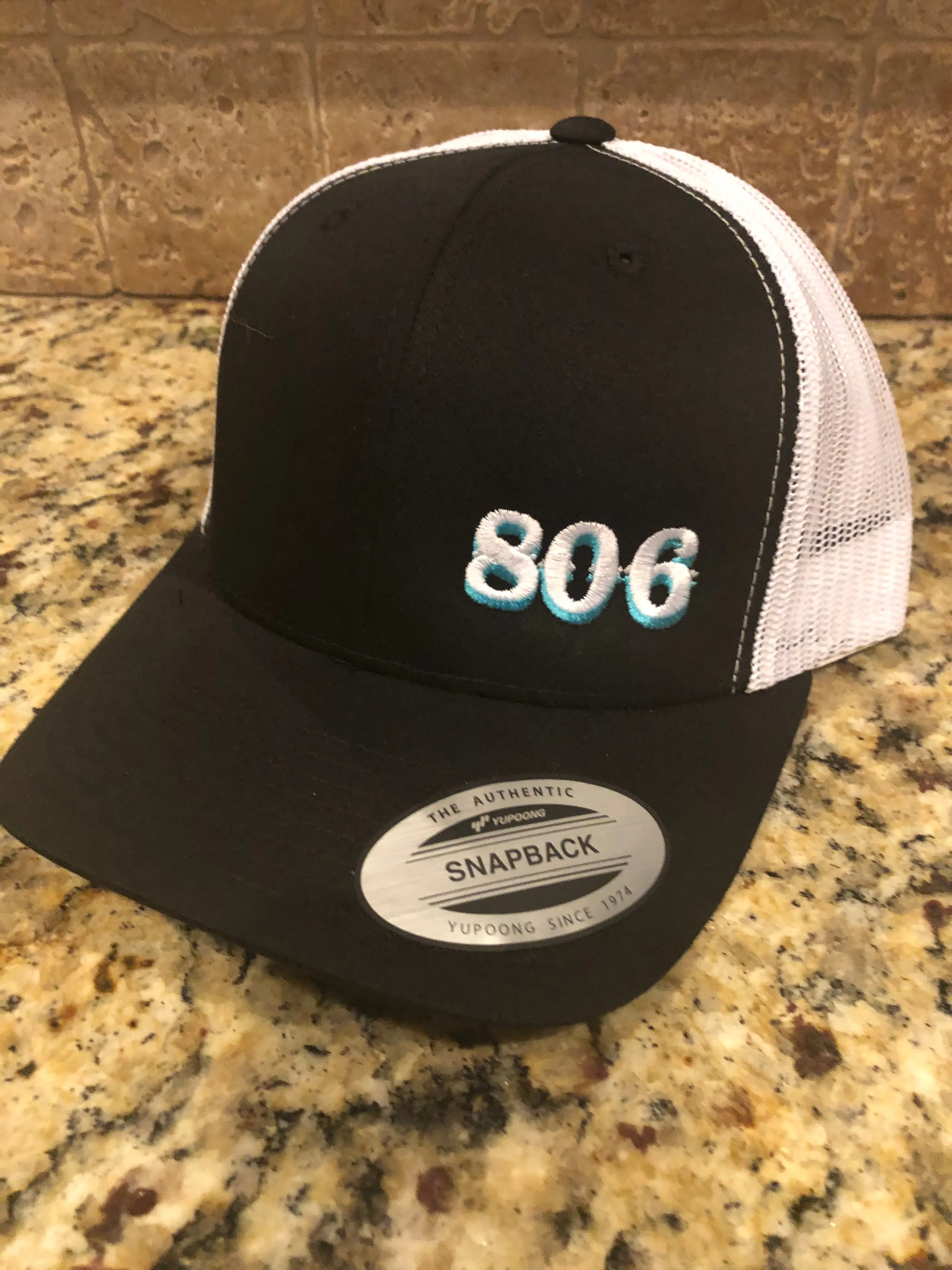 Black 806 Snapback (Retro Logo (no steer) white and aqua)