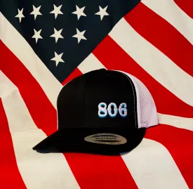 Black 806 Snapback (Retro Logo (no steer) white and aqua)