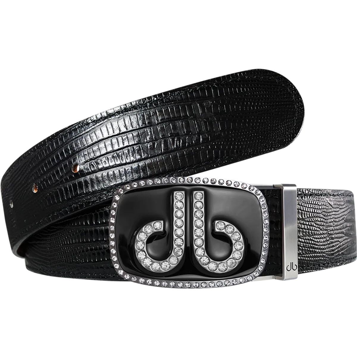 Black Lizard Texture Leather Belt with Black Diamante Buckle