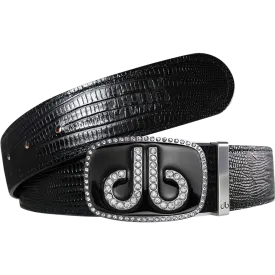 Black Lizard Texture Leather Belt with Black Diamante Buckle