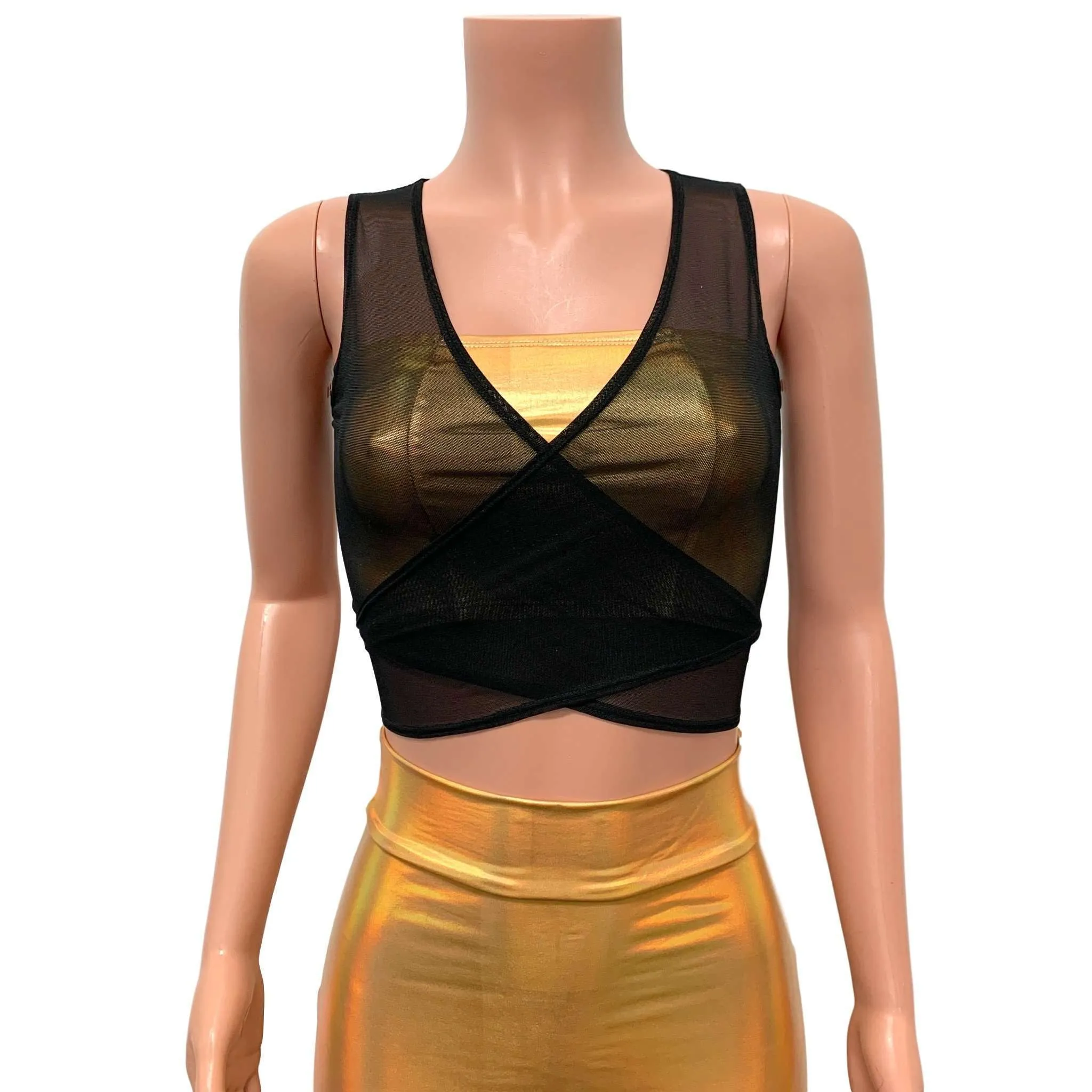 Black Mesh Wrap Top - Rave Tie Top - Choose Sleeve Length