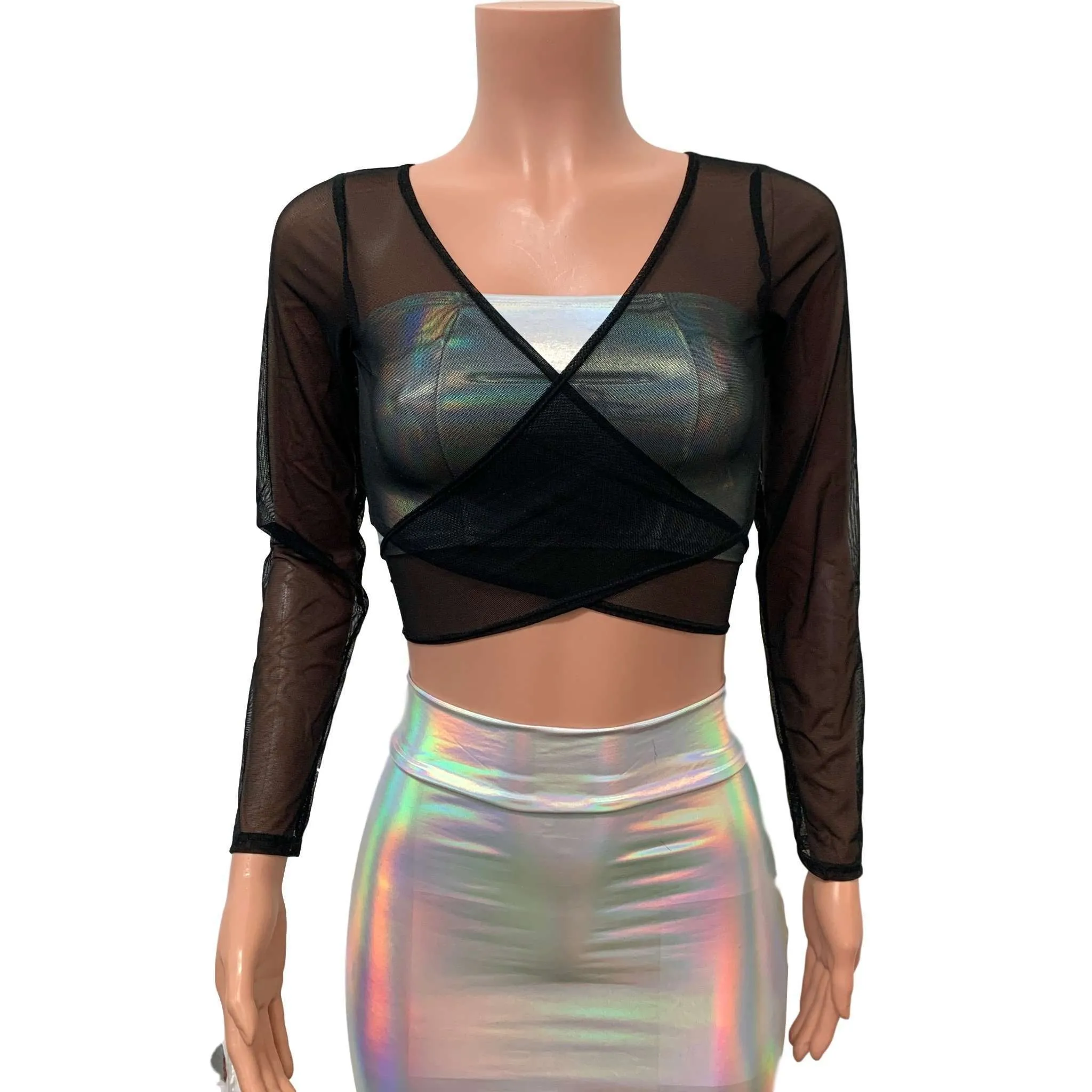 Black Mesh Wrap Top - Rave Tie Top - Choose Sleeve Length