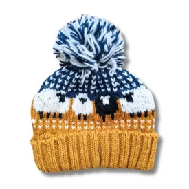 Mustard Sheep Bobble Hat (100% Hand Knitted Wool)