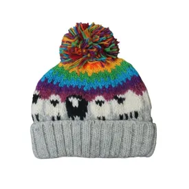 Rainbow Sheep Bobble Hat (100% Hand Knitted Wool)