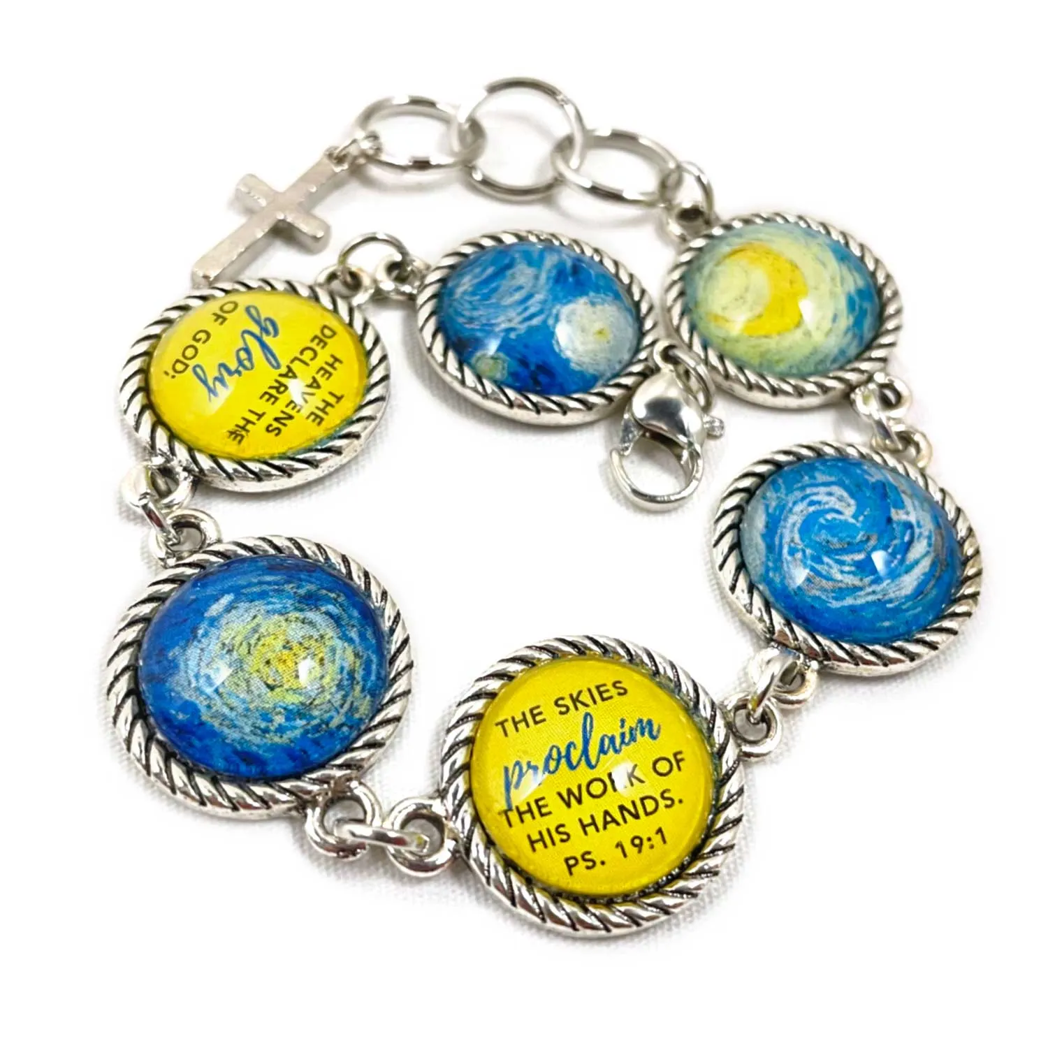 Van Gogh Starry Night Psalm 19 Scripture Bracelet – Round Antique Silver Twist Edge Design