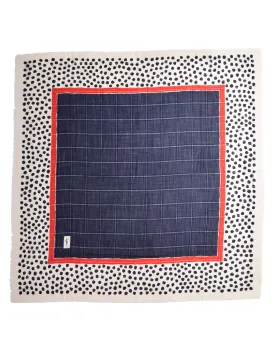 Yves Saint Laurent Vintage 1970s Navy Blue Red White Dot Woven Silk Wool Oversized Scarf